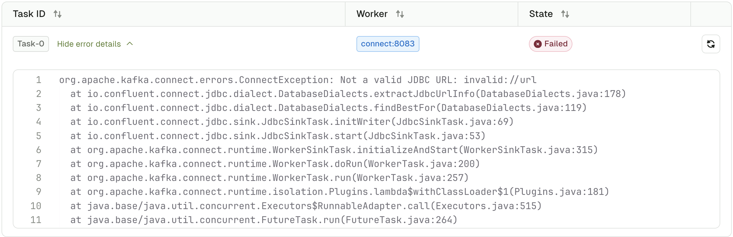 Connector task failed details