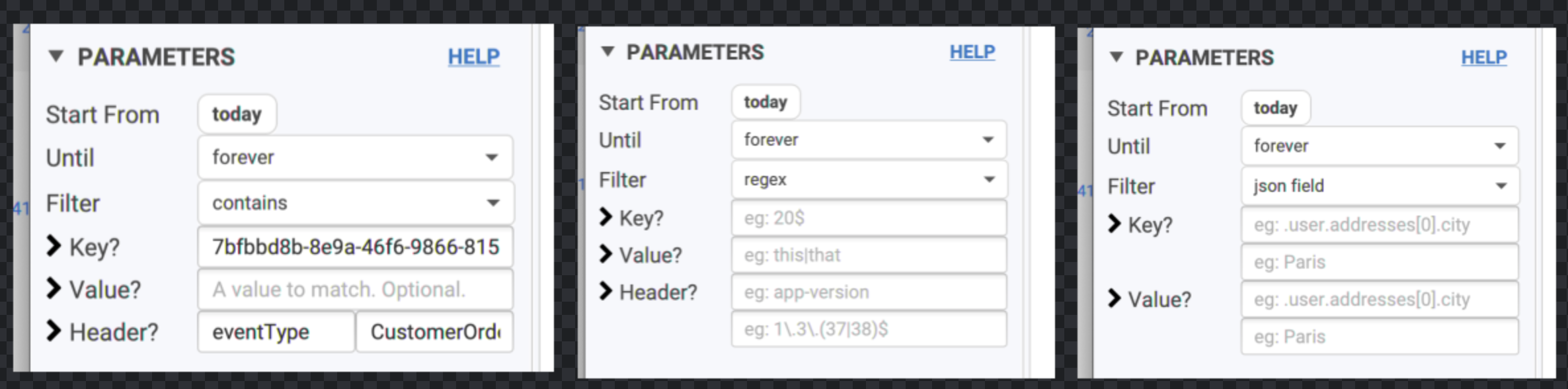 The different filters options: contains, regex, json