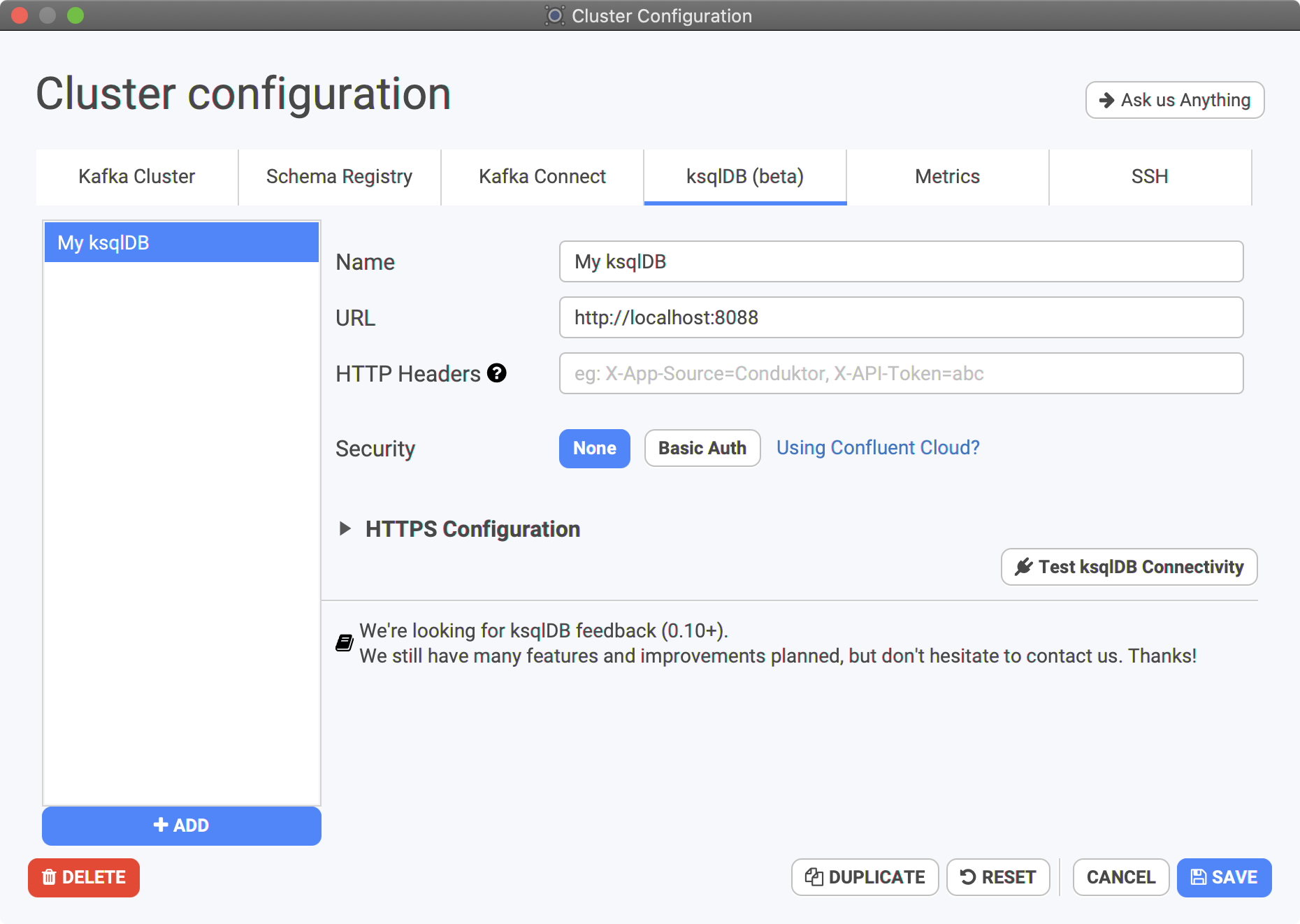 Default configuration for ksqlDB