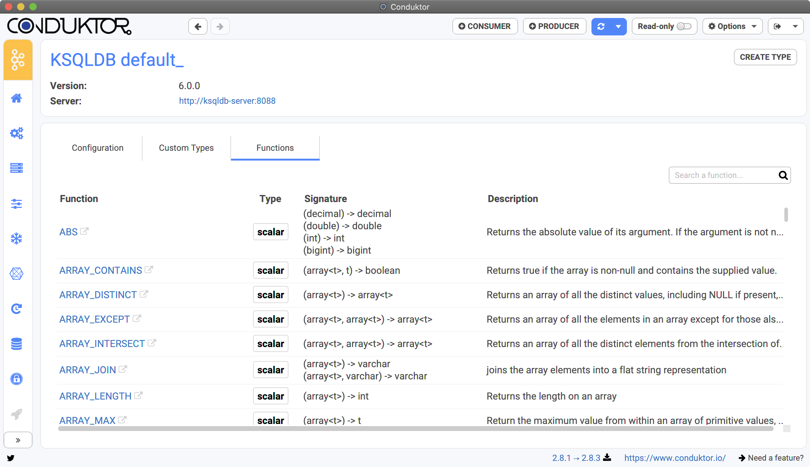 The functions available on your ksqlDB service